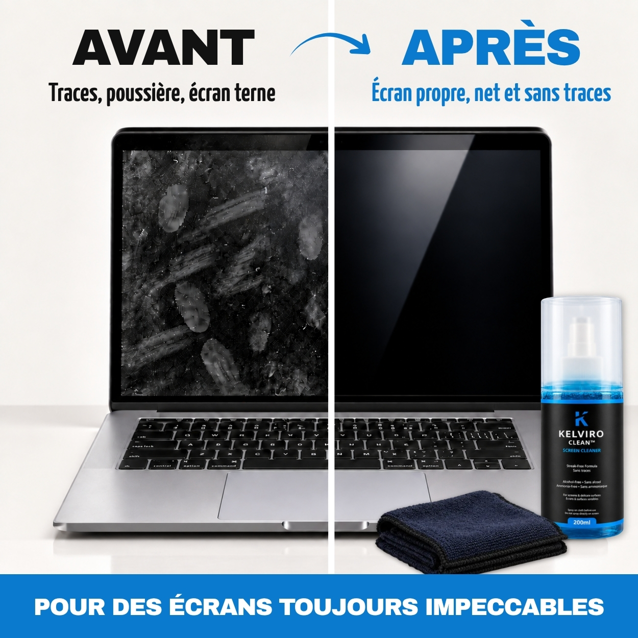 Avant après nettoyage écran Kelviro Clean